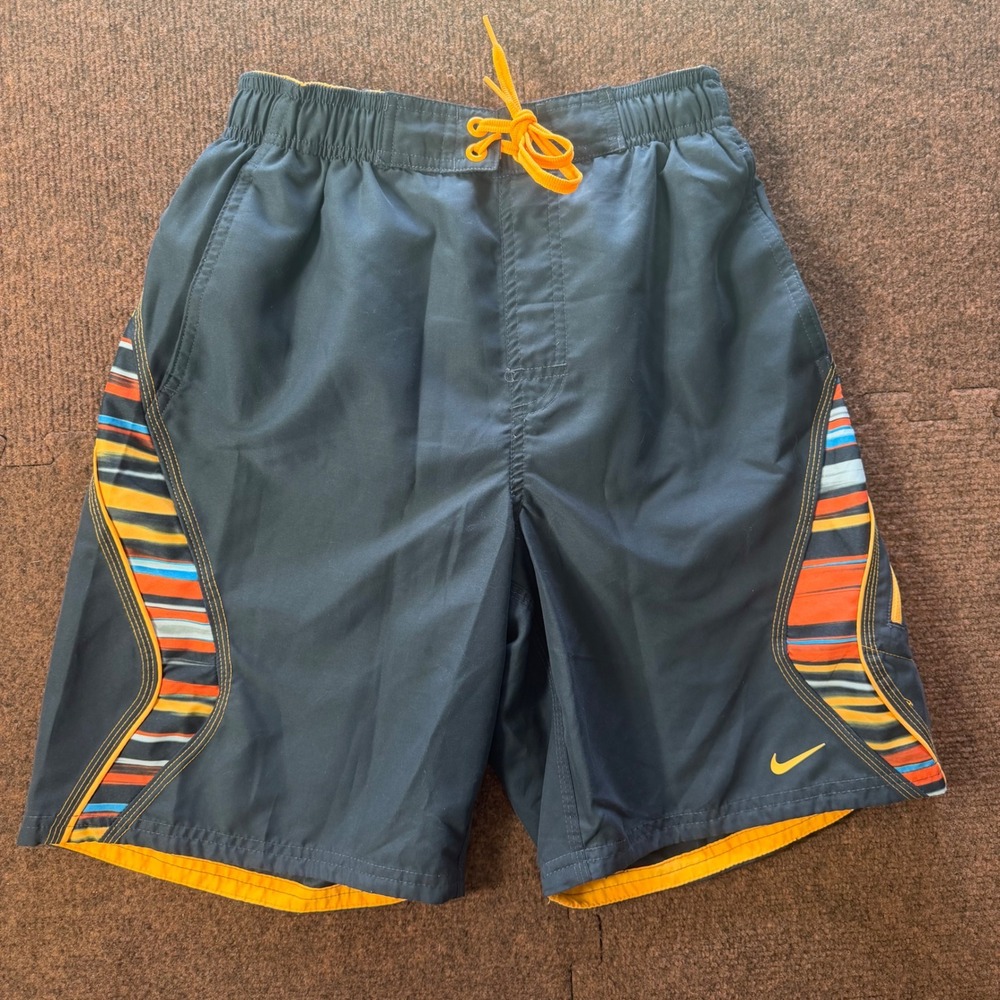 Nike Mens Swim Trunks Small Black Orange Striped Board Shorts Mesh Lined A+ beac